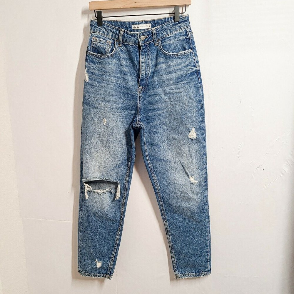 Zara Women's Jeans Size 6 Medium Wash High Rise Tapered Leg Distressed Holes Mom - Picture 1 of 7